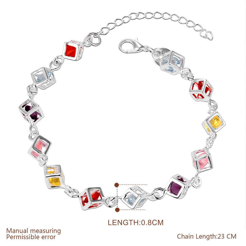 925 Sterling silver filled Square link bracelet with colored Austrian crystal inner
