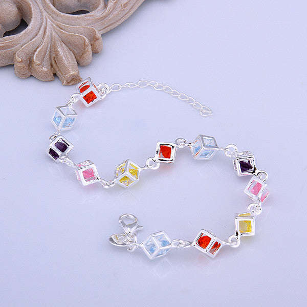 925 Sterling silver filled Square link bracelet with colored Austrian crystal inner