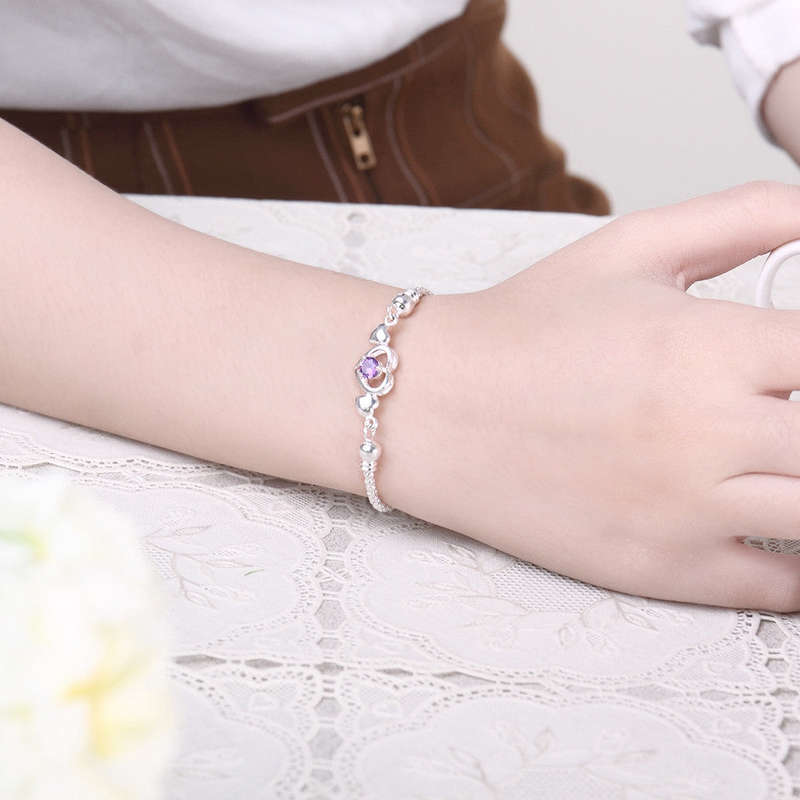 925 Sterling silver filled Ladies cute Heart style bracelet with purple AAA crystal