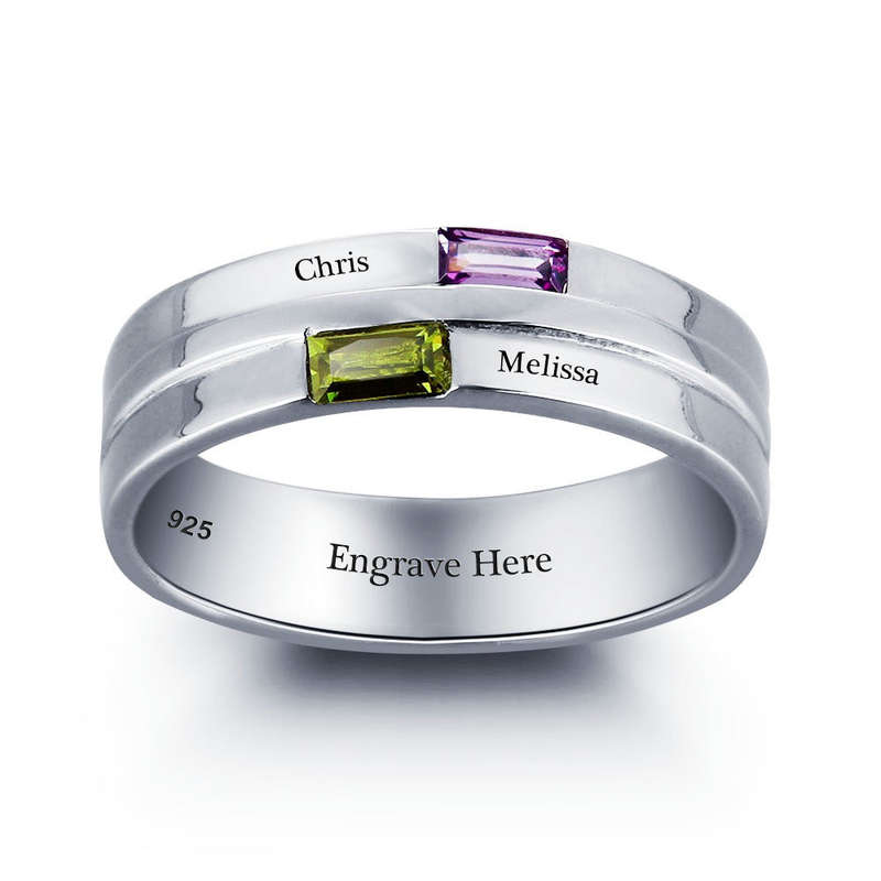 Personalized Solid Silver Ring, dual name design with blue and green CZ stones - US 6