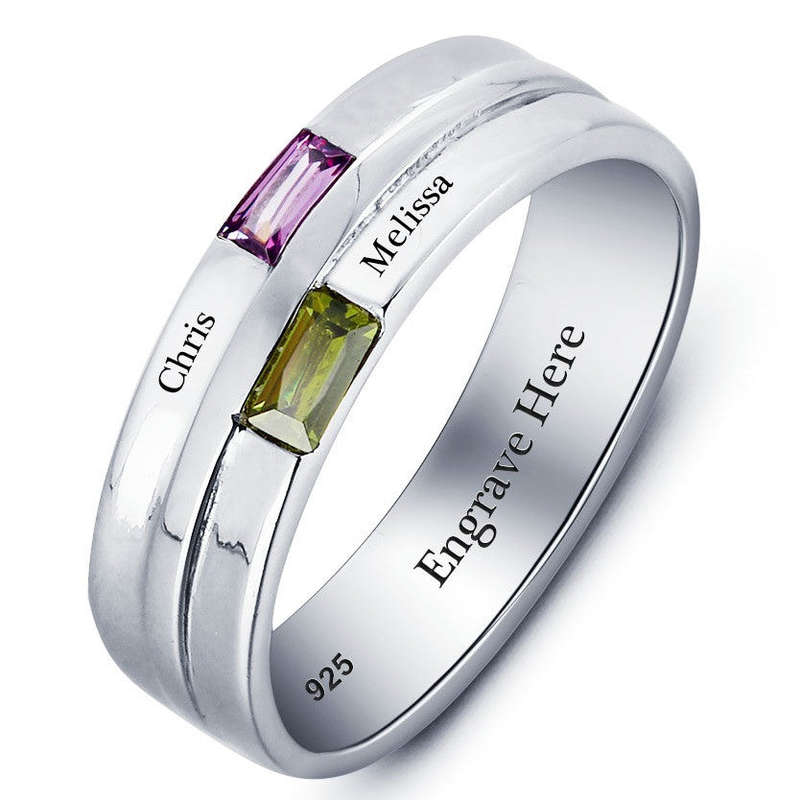 Personalized Solid Silver Ring, dual name design with blue and green CZ stones - US 6