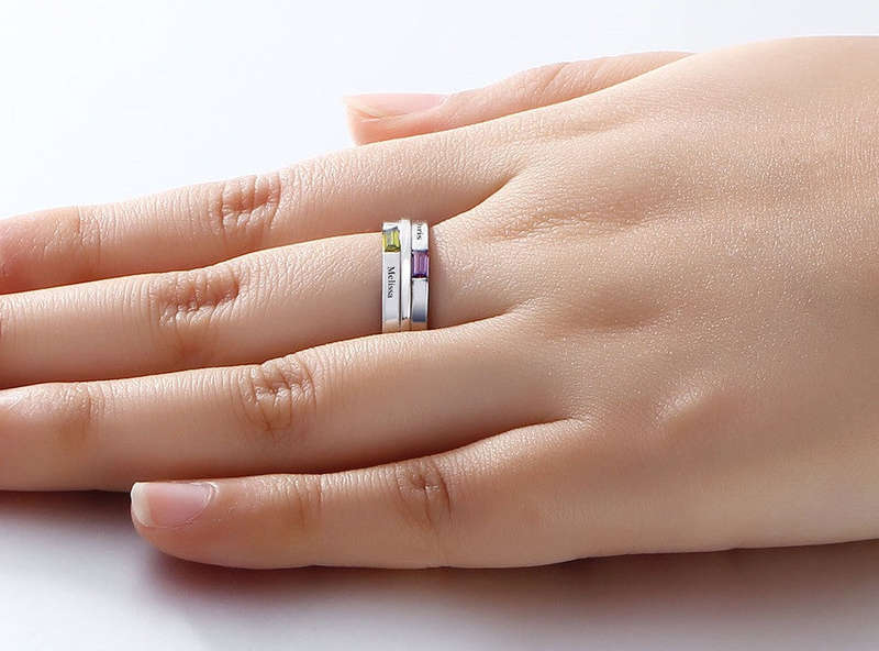 Personalized Solid Silver Ring, dual name design with blue and green CZ stones - US 6