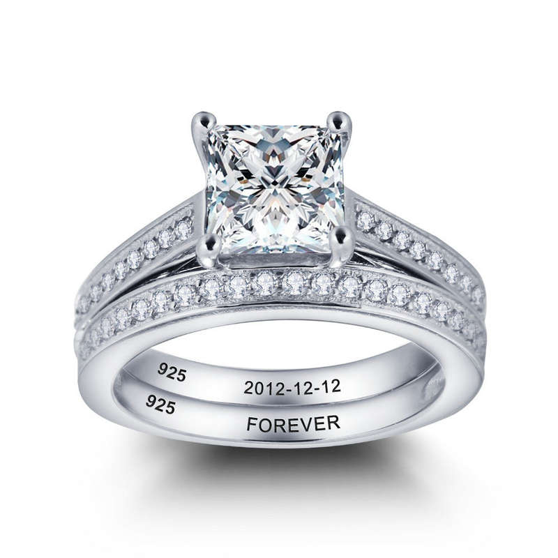 Engagement \ Wedding Solid Silver Ring, with 2ct Cr Stone and Personalized inscription - US 8
