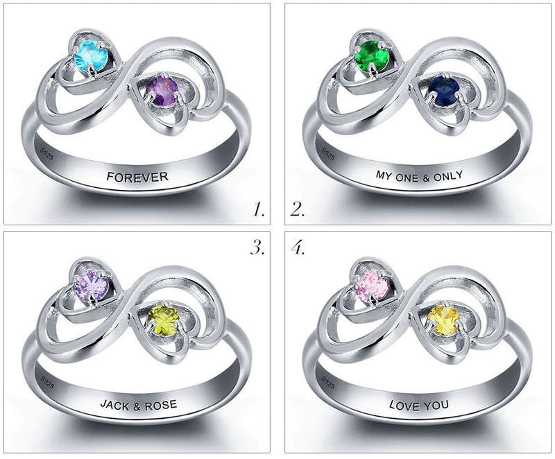 Personalized Solid Silver Ring, Infinity hearts design with Choice of Birthstone colors - US 6
