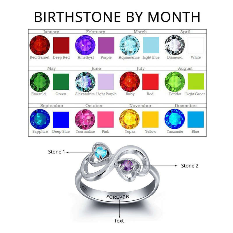 Personalized Solid Silver Ring, Infinity hearts design with Choice of Birthstone colors - US 6