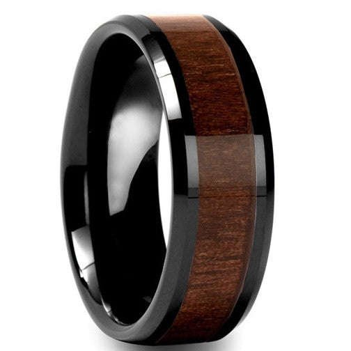 Men's Black Tungsten Carbide Ring with Wood Inlay - US 9