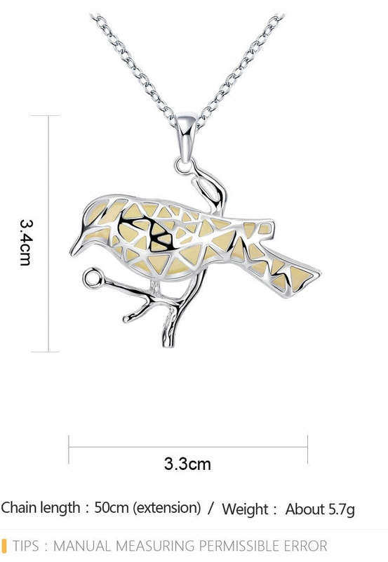 925 Sterling Silver Filled Glow in the dark pendant Bird design