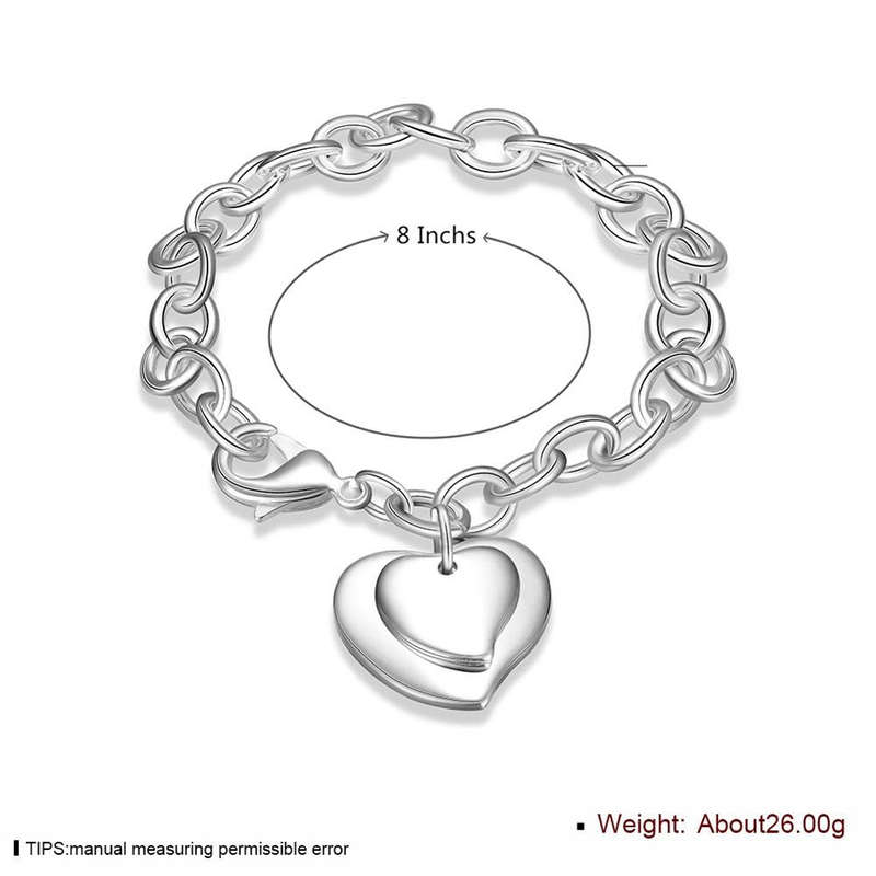 925 sterling silver filled double heart charm bracelet