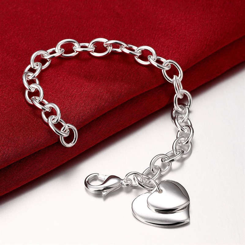 925 sterling silver filled double heart charm bracelet