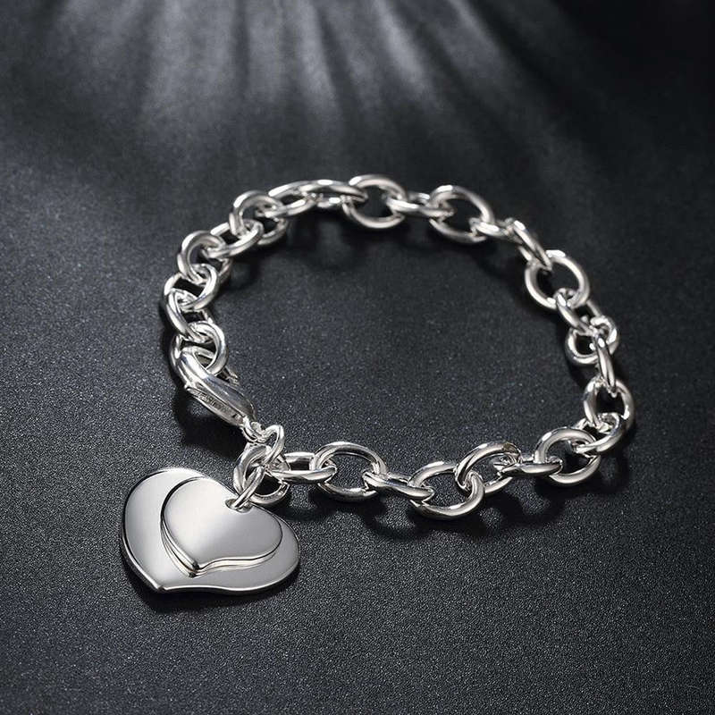 925 sterling silver filled double heart charm bracelet