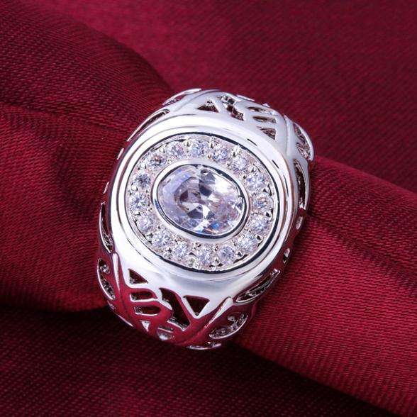 Exquisite Chunky Sterling Silver filled ring with filigree design and crystal detail