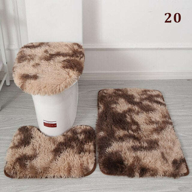 3 Piece Fluffy Bath Mat Set - Brown