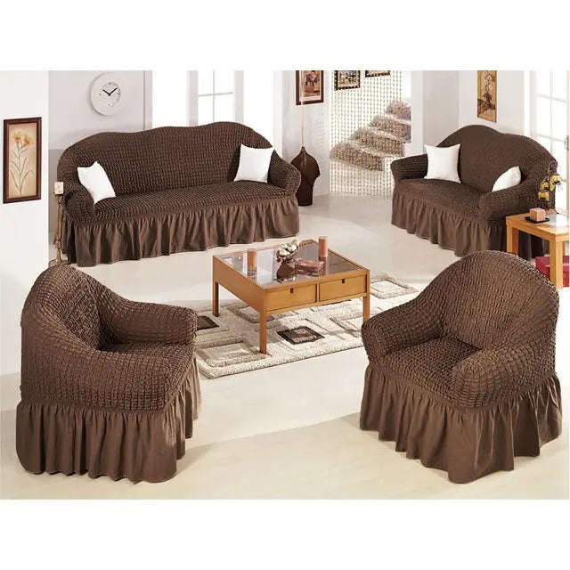 Stretch Frilled Sofa Cover - 3 2 1 / Brown