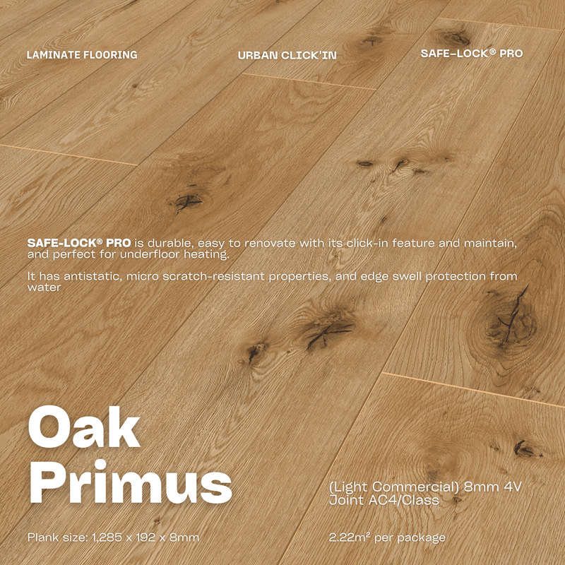 Oak Primus - Urban Click'in Laminate Plank 8mm 4V AC4/Class 32 (Light Commercial)