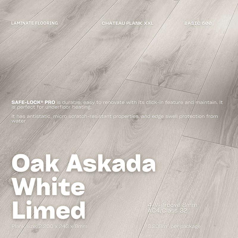 Oak Askada White Limed - Basic 600 XXL 4V AC4/Class 32 (Light Commercial) - Laminate Flooring Cha...
