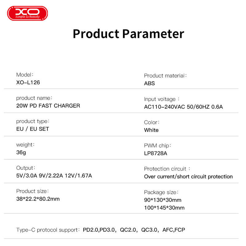 XO L126 USB-C PD20W Fast Charging Charger Adapter