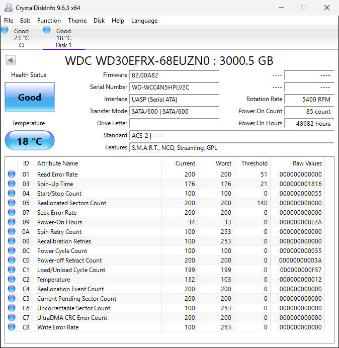 WD Red 3TB NAS Internal Hard Drive 5400 RPM Class, SATA 6 Gb/s, CMR, 64 MB Cache, 3.5 WD30EFRX (W...