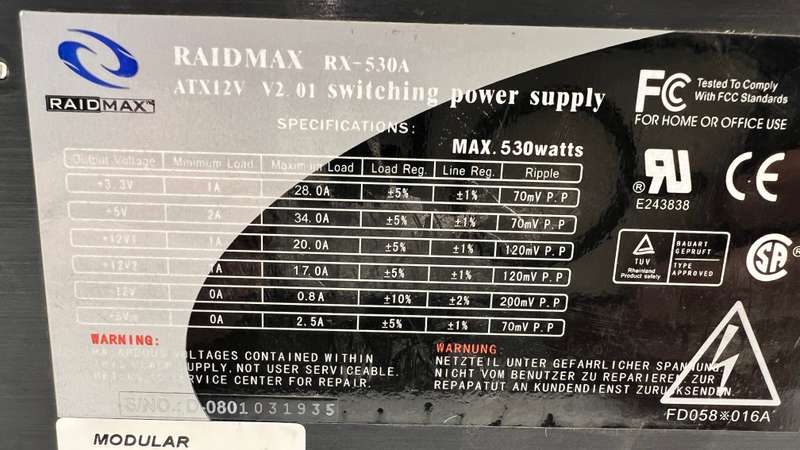 Raidmax RX-530A Power Supply (B-Grade)