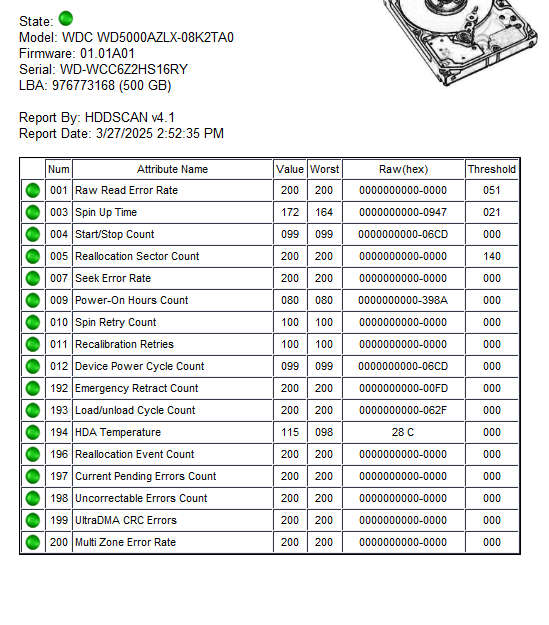 WD 500GB 7200RPM 3.5 Model WDC WD5000AZLX-08K2TA0