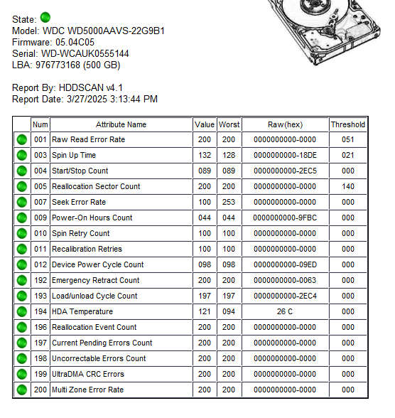 HDD 500GB Model: WDC WD5000AAVS-22G9B1