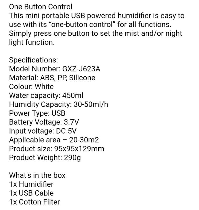 Mini USB Powered Cold Mist Humidifier