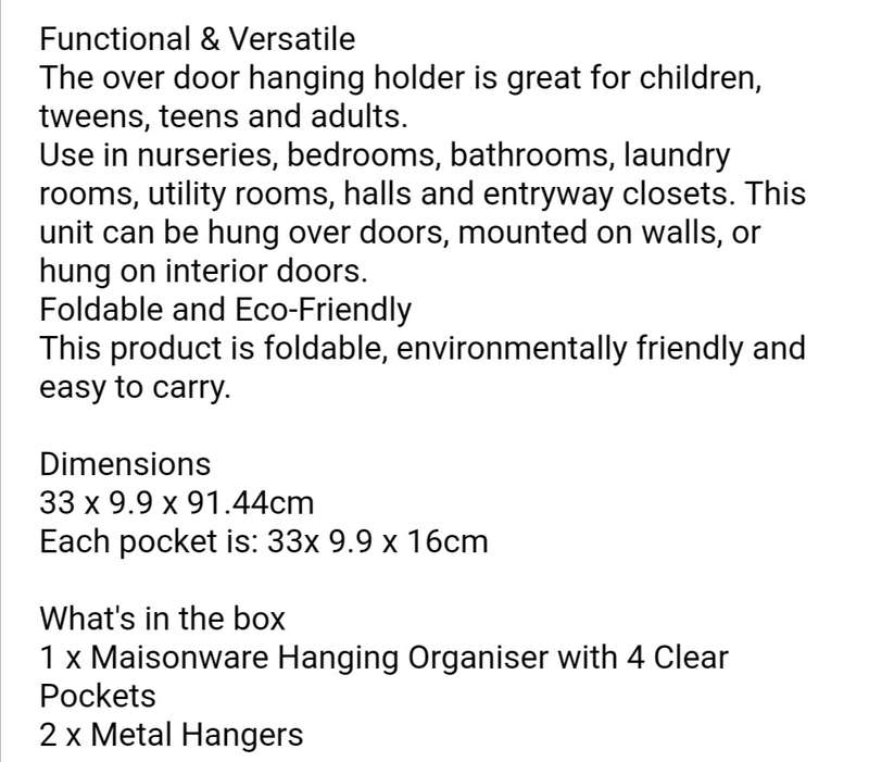 Hanging Organizer With 4 Clear Pockets