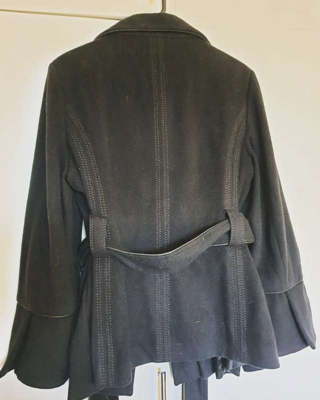 100% virgin wool black, belted jacket with faux leather detail - M / Black / Basler