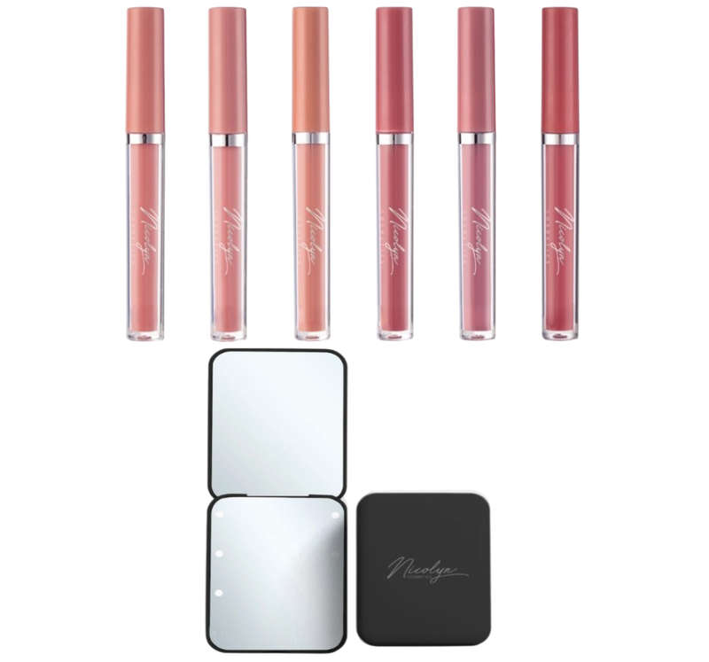 Nicolyn Matte Liquid Lipstick set with Pocket Makeup Mirror:Lighter Colors