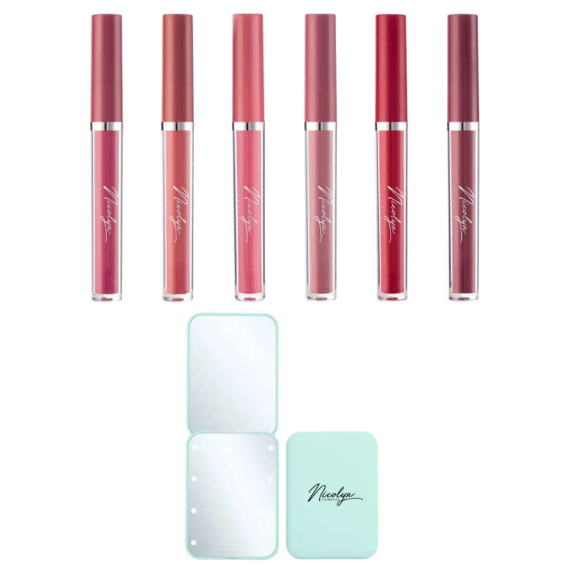 Nicolyn Matte Liquid Lipstick set with Pocket Make-up Mirror: Darker Color