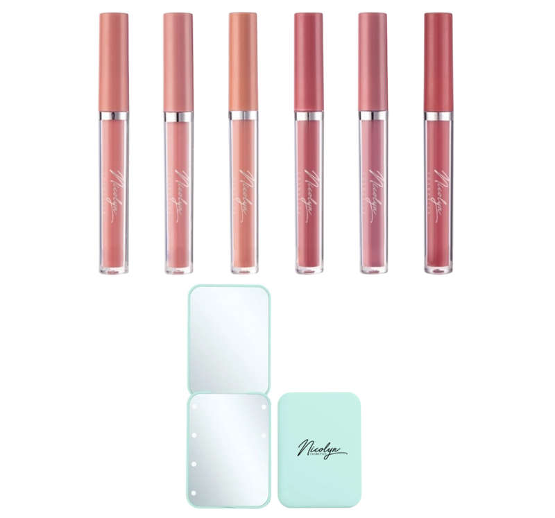 Nicolyn Matte Liquid Lipstick set with Pocket Makeup Mirror:Lighter Colors