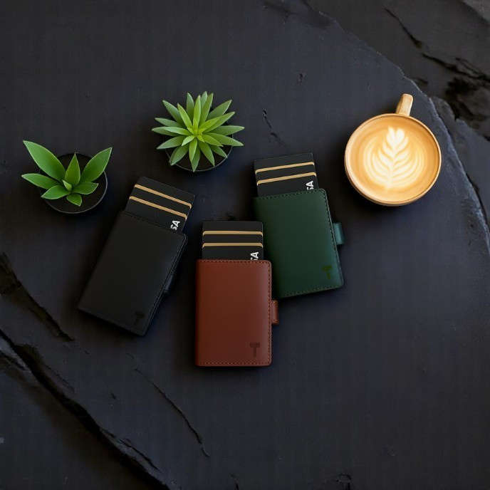 Hammer&Hide Genuine Saddle Leather Pop Up Wallet-Dark Green with Black Aluminum case - Unisex