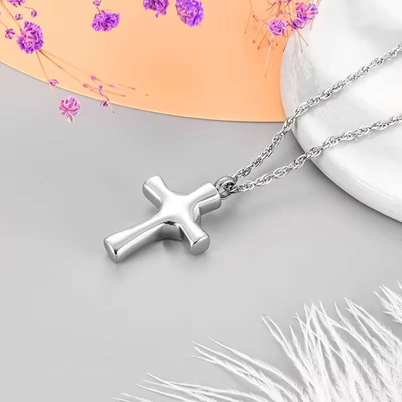 Memorial Pendant - Silver Cross, Black Heart, Zirconia Stone In The Middle