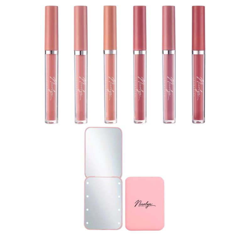Nicolyn Matte Liquid Lipstick set with Pocket Makeup Mirror:Lighter Colors