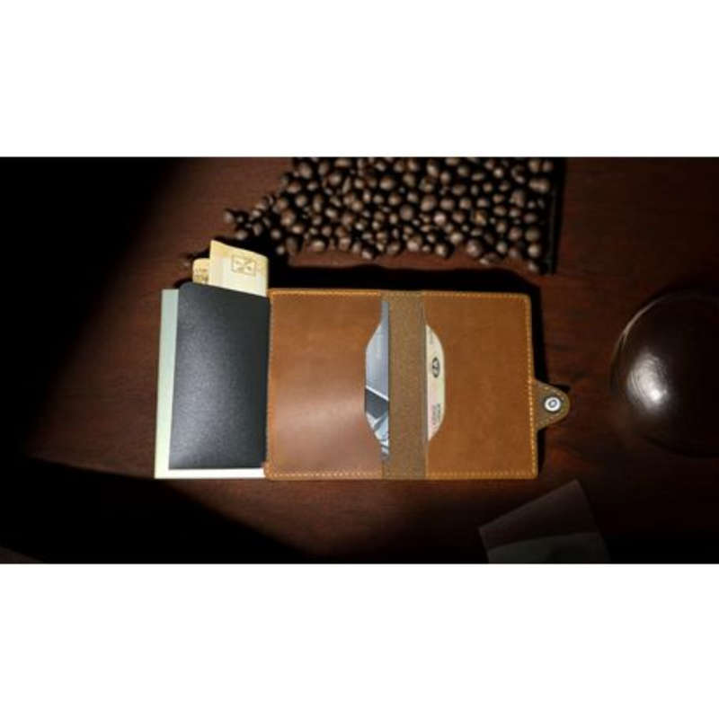 Hammer&Hide Genuine Saddle Leather Pop Up Wallet-Light Brown with Black Aluminum case - Unisex