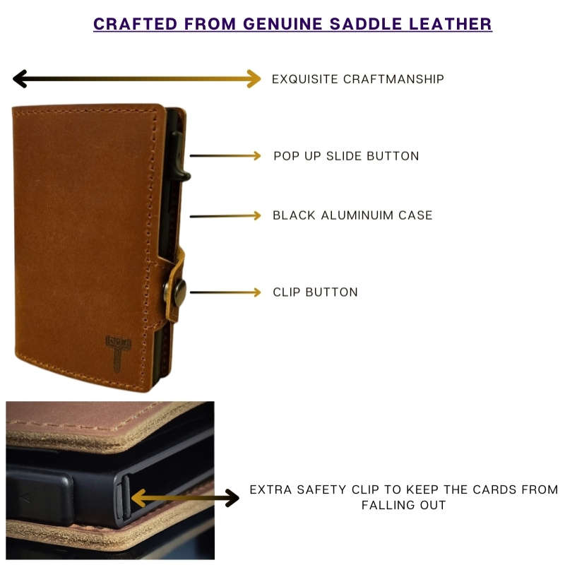 Hammer&Hide Genuine Saddle Leather Pop Up Wallet-Light Brown with Black Aluminum case - Unisex