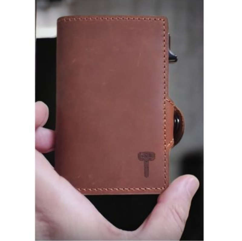 Hammer&Hide Genuine Saddle Leather Pop Up Wallet-Light Brown with Black Aluminum case - Unisex