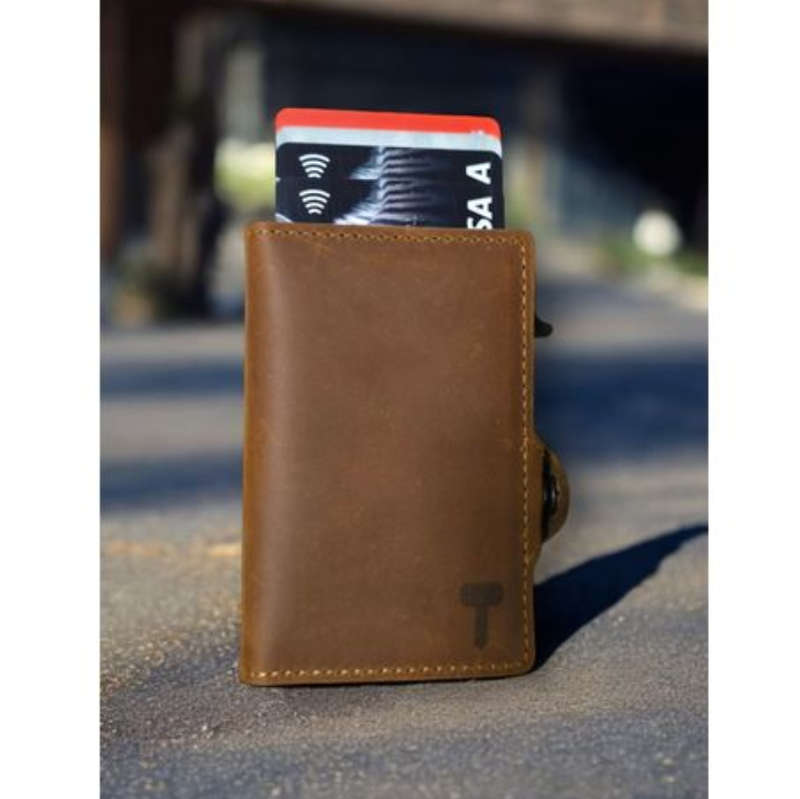 Hammer&Hide Genuine Saddle Leather Pop Up Wallet-Light Brown with Black Aluminum case - Unisex