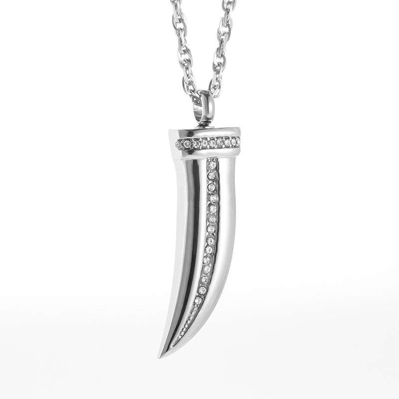Memorial Safe Keeping Pendant - SS Silver Cubic Zirconia Horn/Tooth Shape