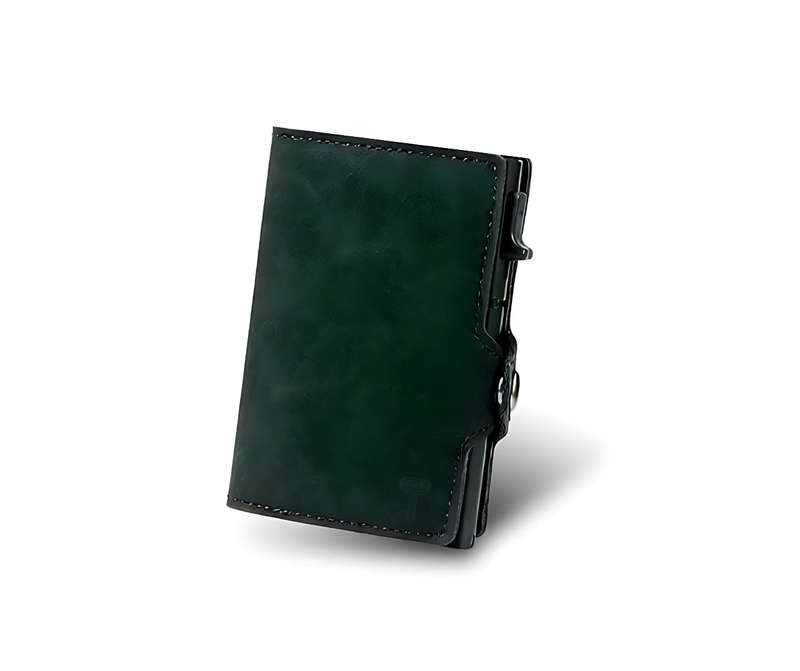 Hammer&Hide Genuine Saddle Leather Pop Up Wallet-Dark Green with Black Aluminum case - Unisex