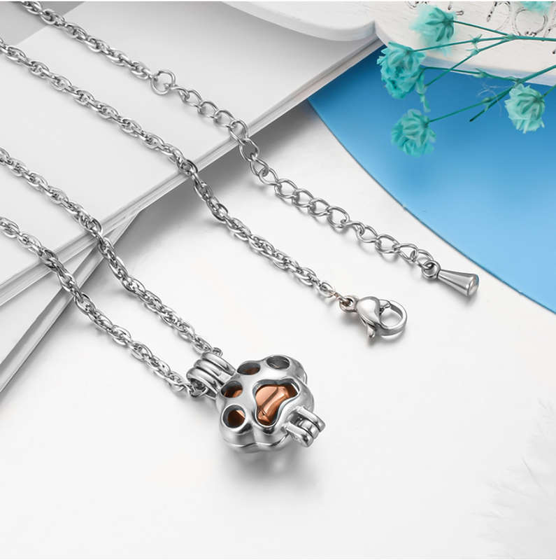 Memorial Safe Keeping Pendant - Silver Pet Paw with Rose Gold Locket