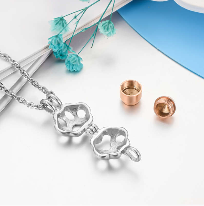 Memorial Safe Keeping Pendant - Silver Pet Paw with Rose Gold Locket