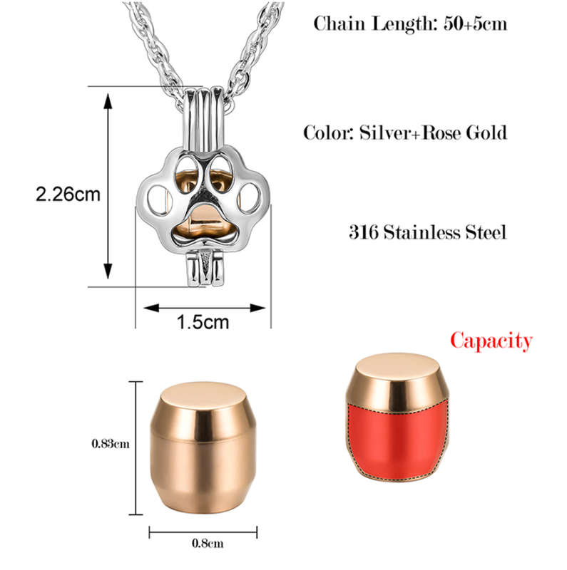 Memorial Safe Keeping Pendant - Silver Pet Paw with Rose Gold Locket