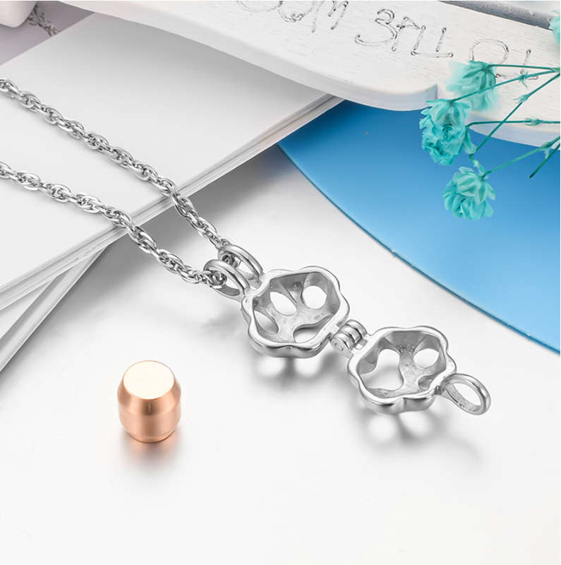 Memorial Safe Keeping Pendant - Silver Pet Paw with Rose Gold Locket