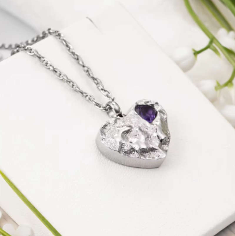 Memorial Safe Keeping Pendant - Silver heart with Purple heart Pendant Hollow Design, Cremains, A...