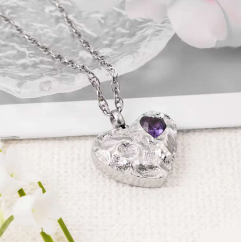 Memorial Safe Keeping Pendant - Silver heart with Purple heart Pendant Hollow Design, Cremains, A...