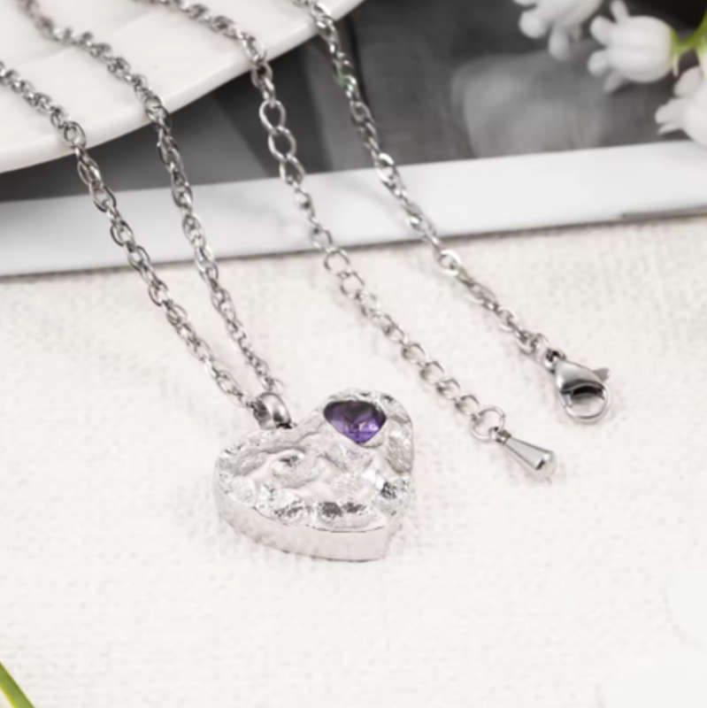 Memorial Safe Keeping Pendant - Silver heart with Purple heart Pendant Hollow Design, Cremains, A...