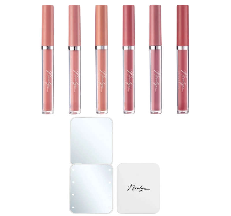 Nicolyn Matte Liquid Lipstick set with Pocket Makeup Mirror:Lighter Colors