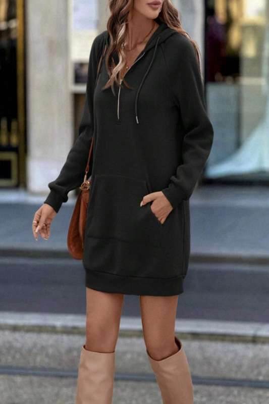 Casual Zipped Hoodie Dress With Pockets