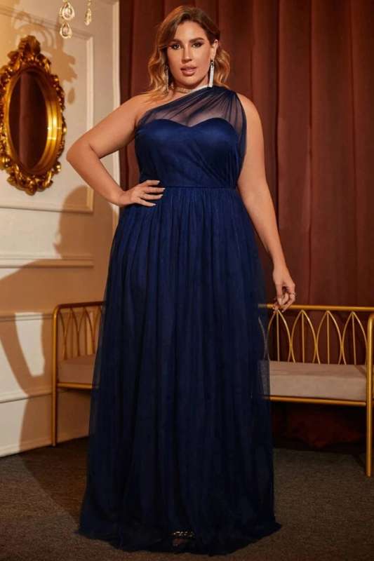 Plus One Shoulder Mesh Maxi Dress