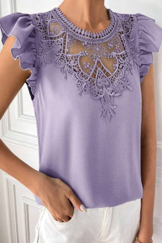 Clasi Guipure Lace Panel Ruffle Trim Blouse